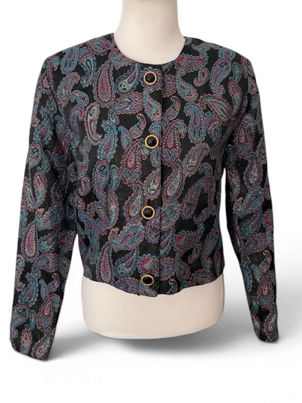 Vintage Pinnacle Multicolor Paisley Print Cropped Blazer Gold Metallic Threads